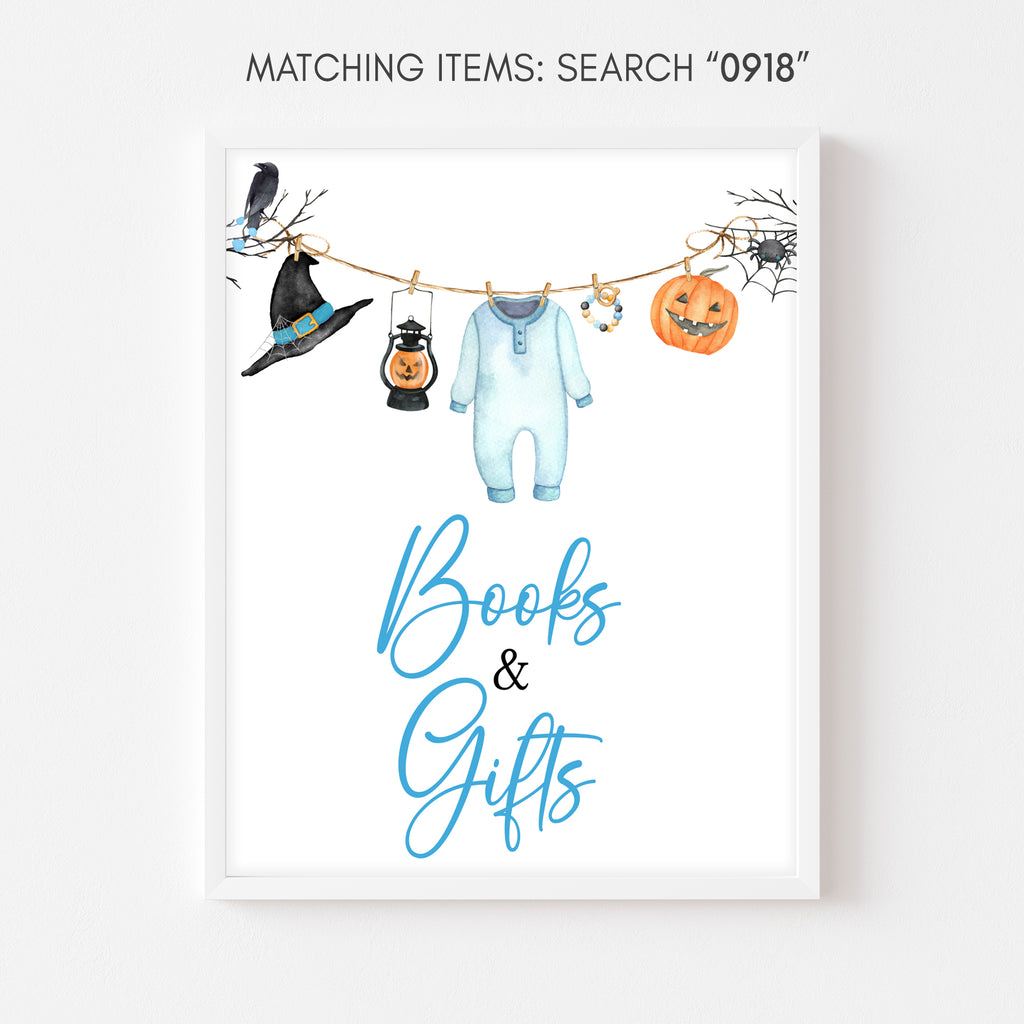Blue Halloween baby shower books and gifts sign for boys with pumpkins, spiderwebs, and fall illustrations