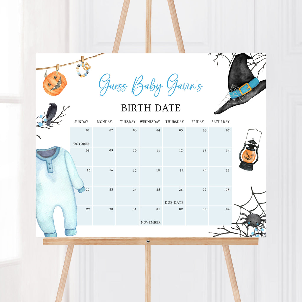 Editable due date calendar for Halloween baby shower with pumpkin and spiderweb design in blue for baby boy