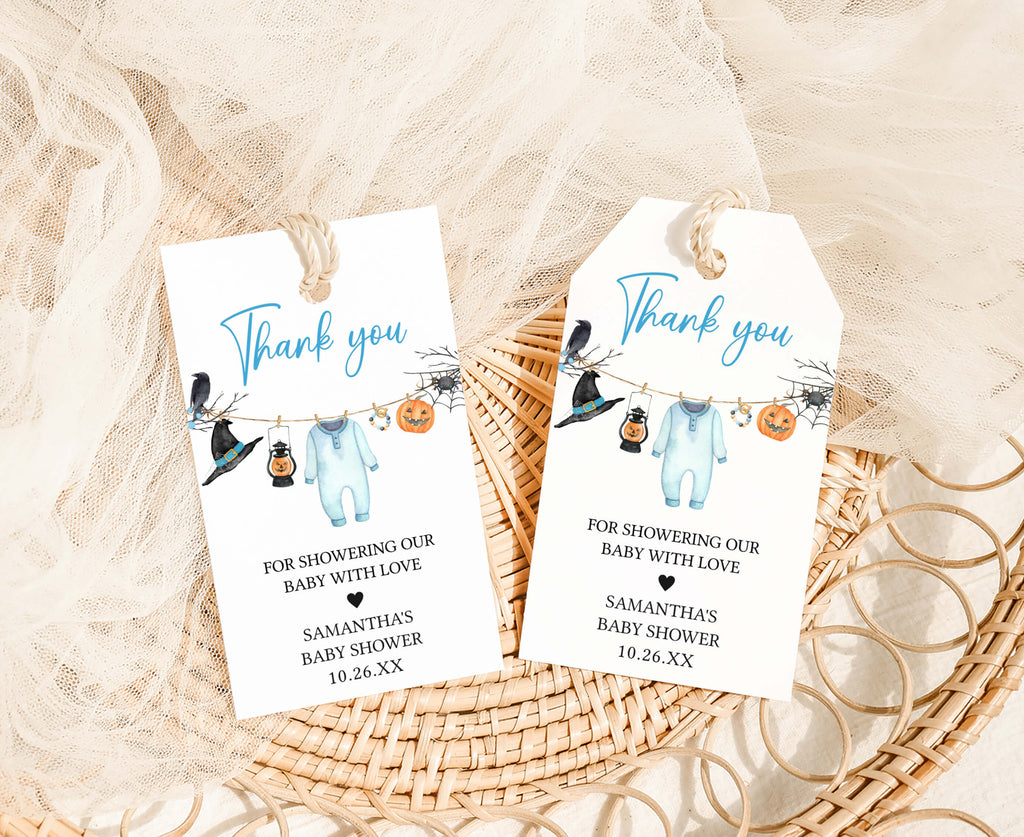 Little boo Halloween baby shower favor tags for boys with cute pumpkins and fall elements in blue tones