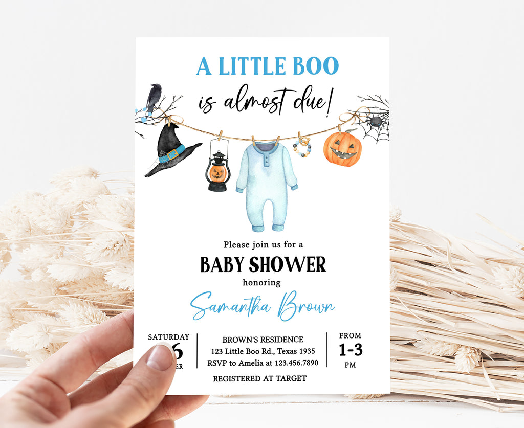 Halloween boy baby shower invite with pumpkin, crow, and baby outfit