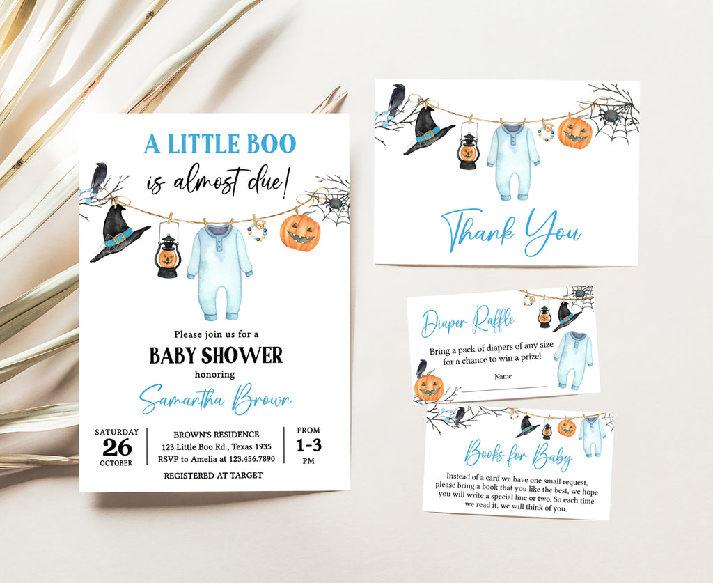 Editable Halloween baby shower invitation set for boys with little boo theme and blue pumpkin illustrations