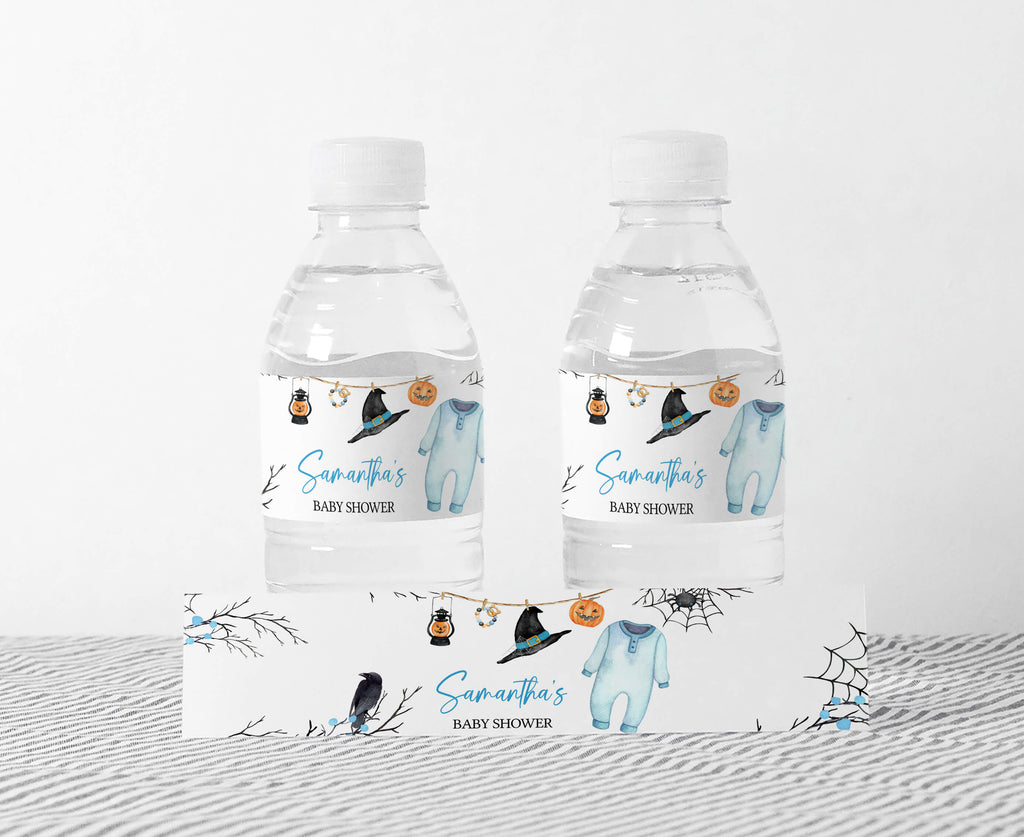 Blue Halloween baby shower bottle labels with pumpkins and bats for a little boo themed boy celebration
