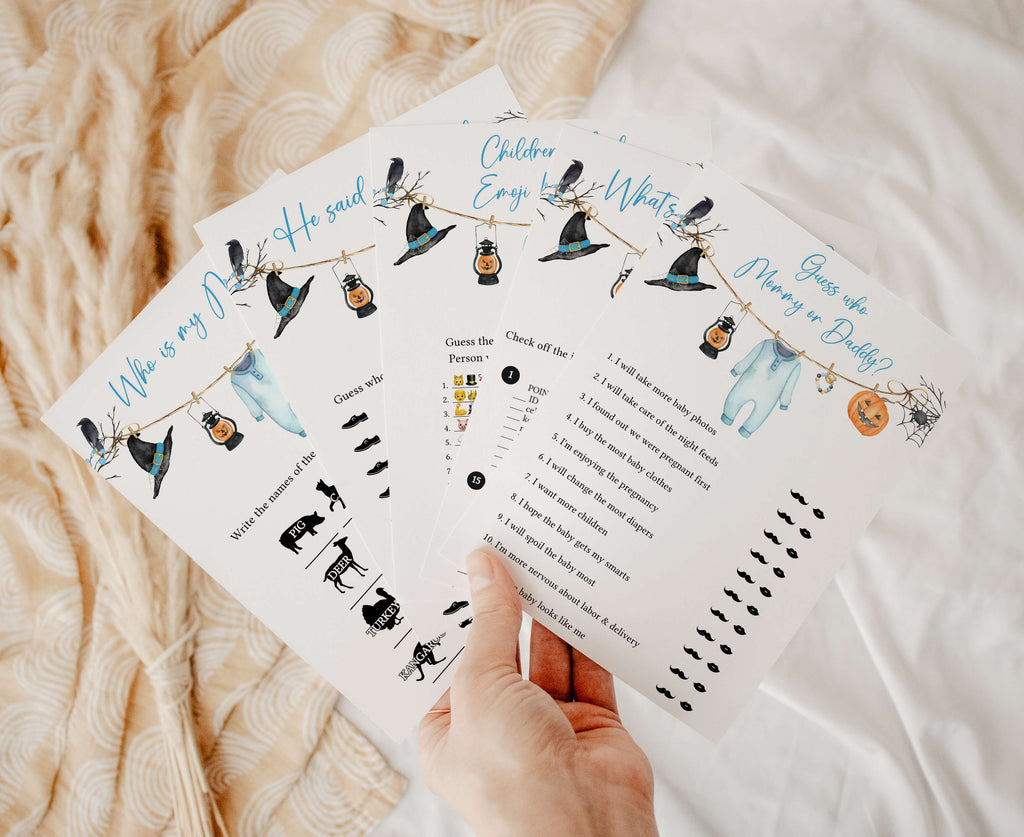 Spooky cute Halloween baby shower game cards bundle for boys featuring pumpkins, spiders, and blue design