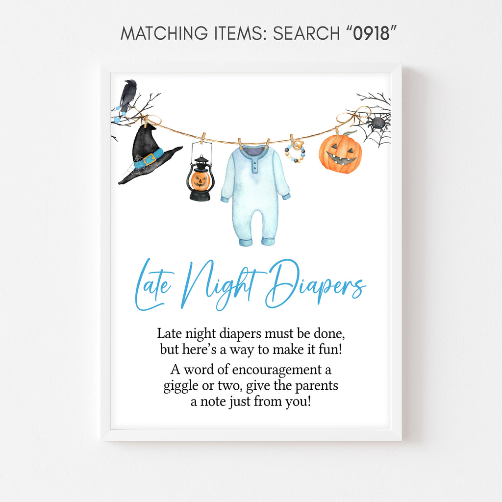 Halloween baby shower late night diapers sign with blue baby romper, spooky crow, and little boo details