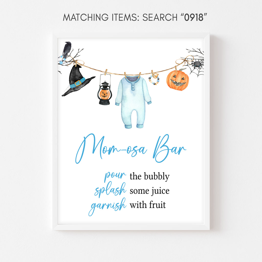 Mimosa bar sign for Halloween baby shower with little boo boy theme featuring pumpkins and bats design