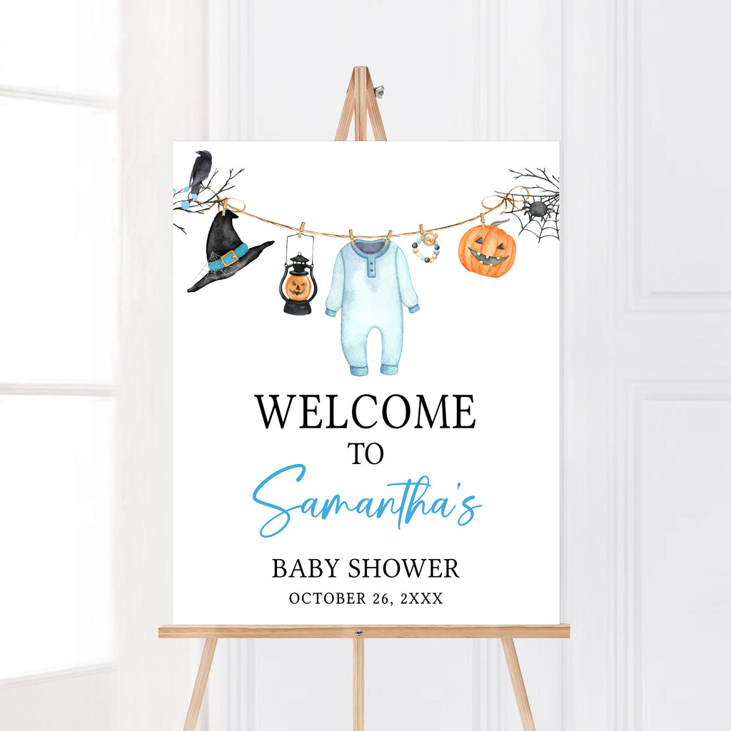 Blue little boo Halloween baby shower welcome sign for boy featuring pumpkin, crow, and baby outfit art