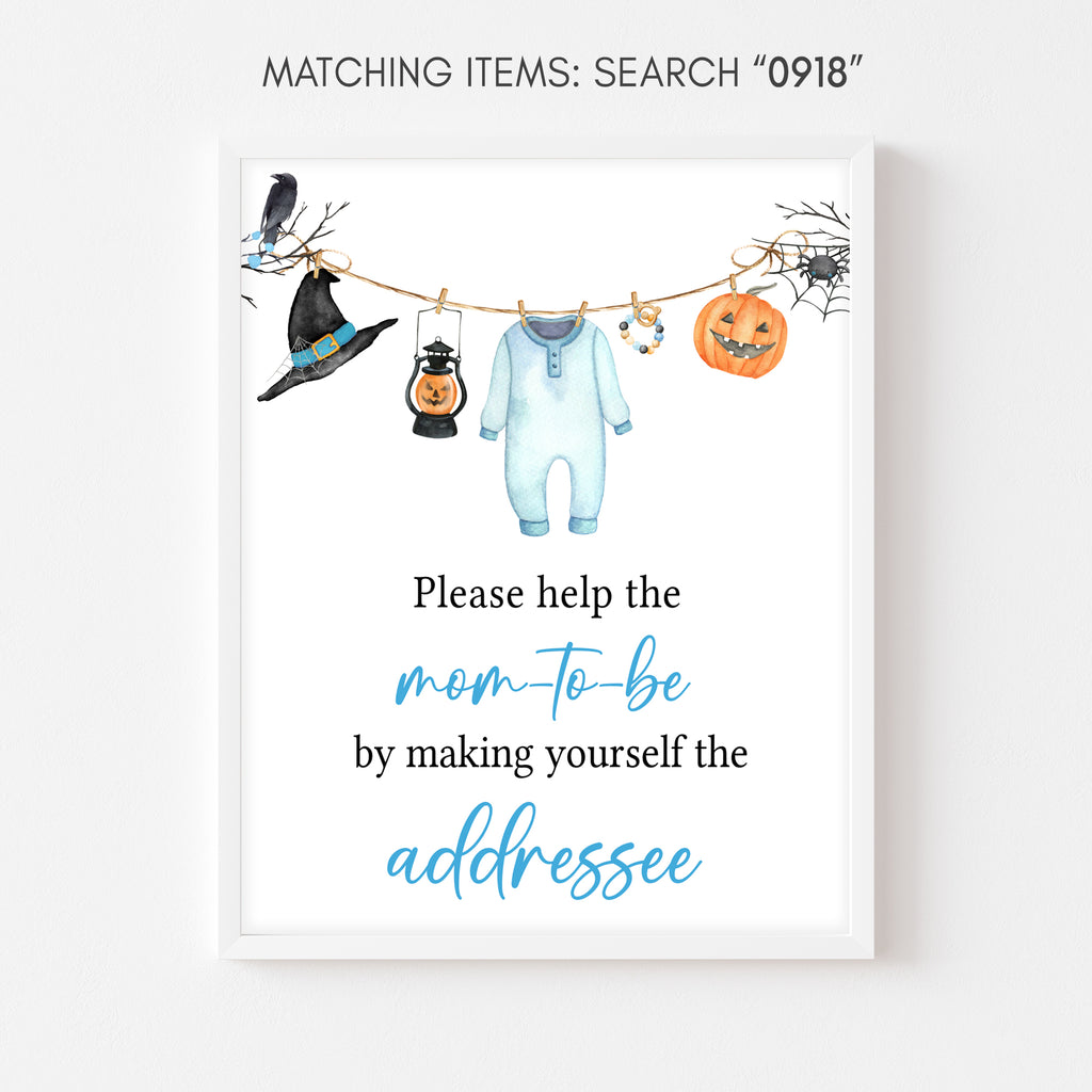 Halloween baby shower envelope station sign for boys with fall-themed details in blue and orange palette