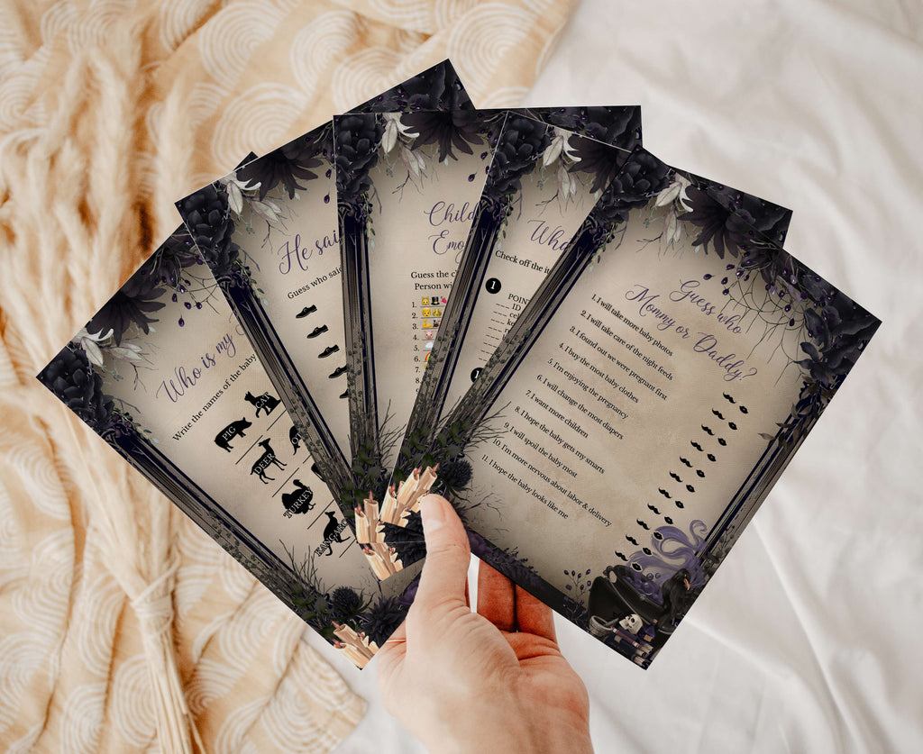 Halloween baby shower printable games set with gothic witchy purple floral design, editable spooky baby shower party games with cauldron and skull illustrations