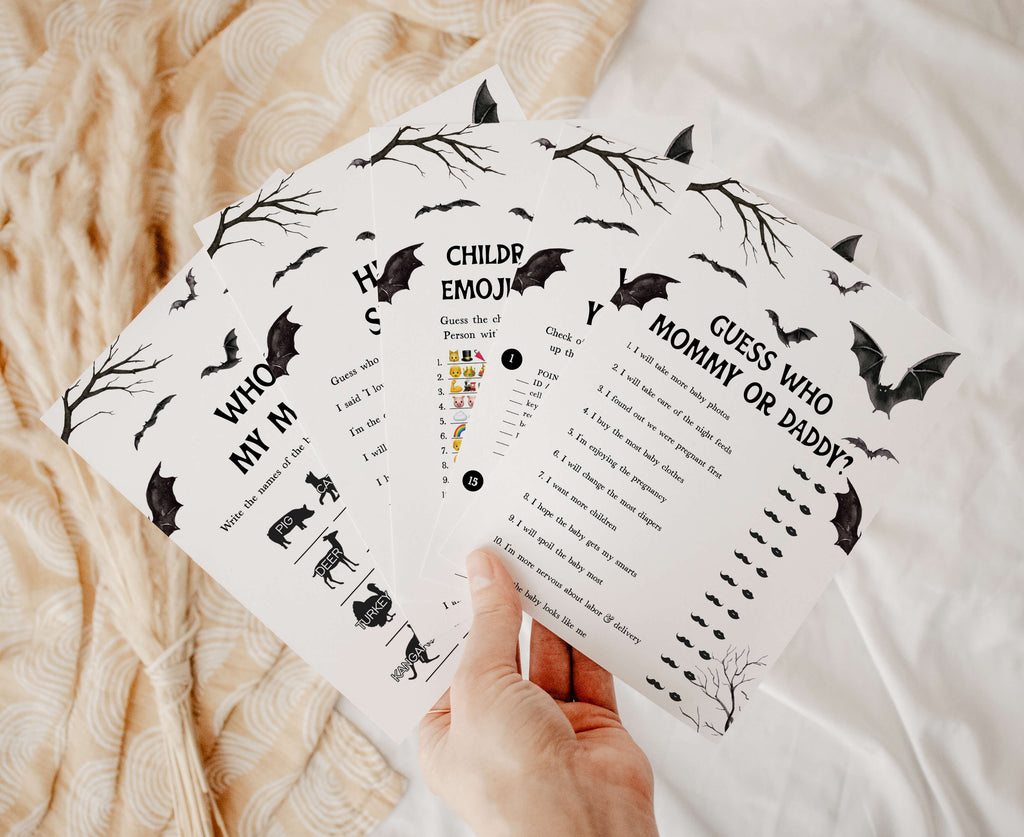 Halloween bat baby shower games bundle – spooky rustic party activities, printable bat-themed Halloween baby shower games set for fall parties