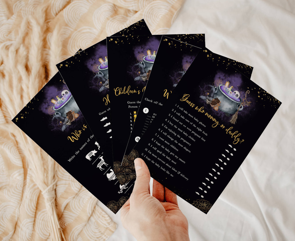 Printable Halloween baby shower games bundle with witch cauldron and spooky theme, purple and gold Halloween baby brewing party games pack for guests