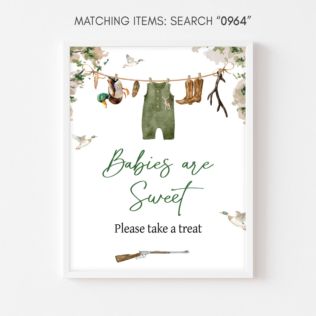 Babies are sweet sign for hunting baby shower – autumn rustic design with camo, ducks, and forest-inspired elements