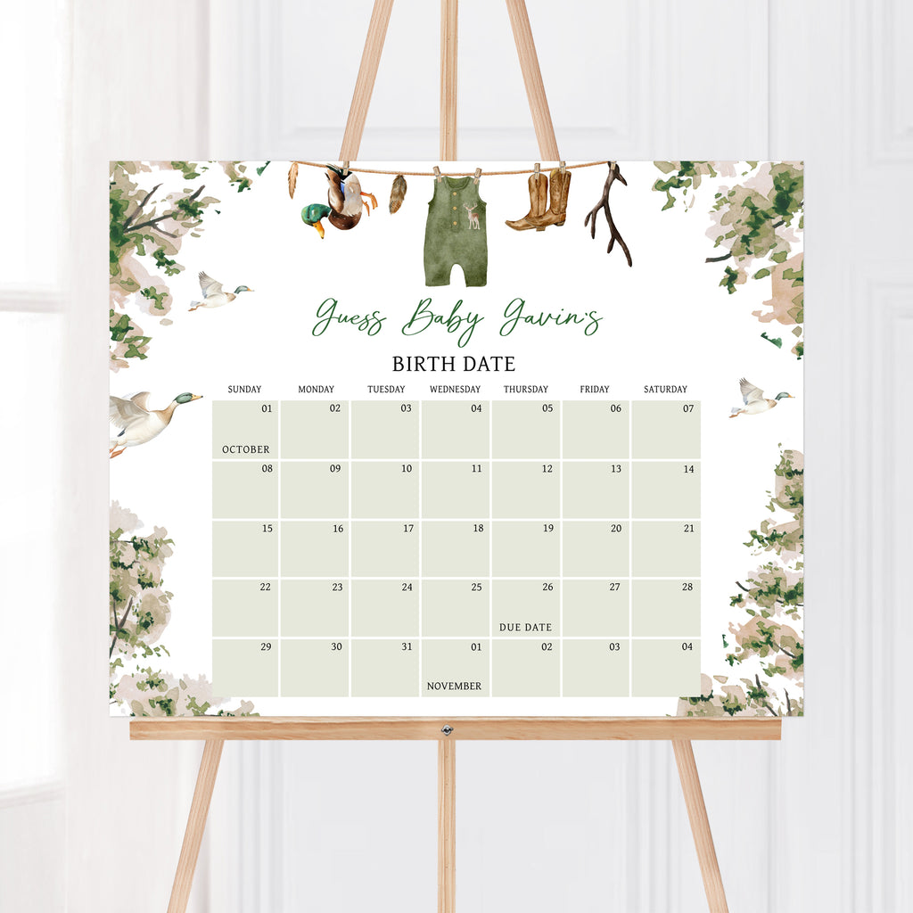 Little hunter baby shower due date calendar with woodland and duck design – perfect fall decor for a boy’s shower