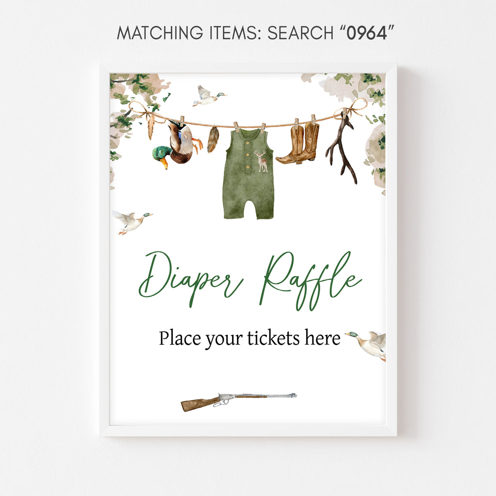 Hunting diaper raffle sign for boy baby shower – camo and duck-themed printable for rustic autumn celebrations