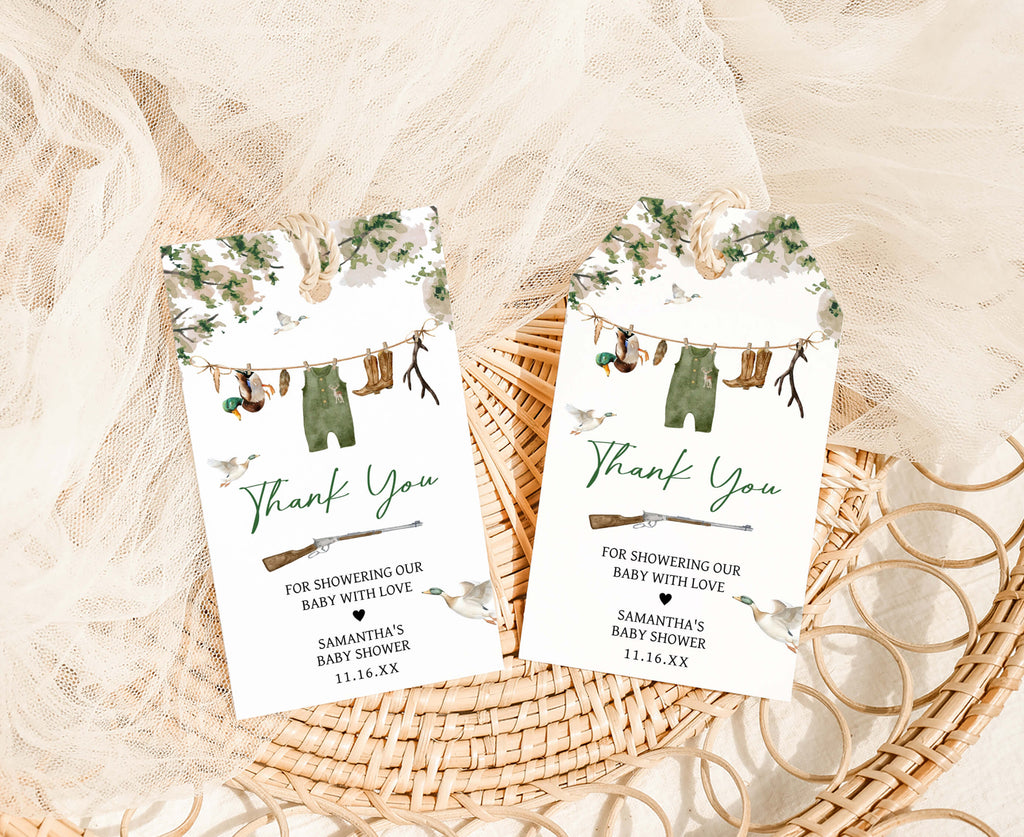 Hunting themed baby shower favor tags for boys – printable duck and boots design for a rustic fall celebration