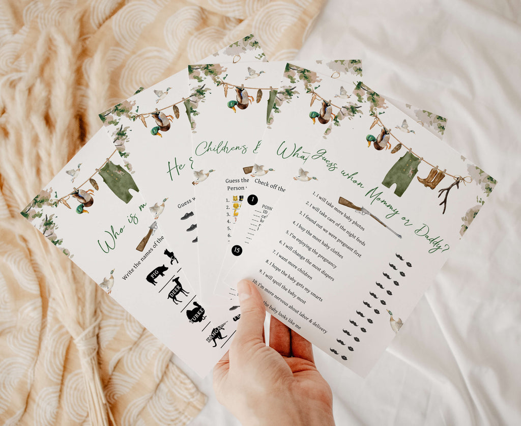 Printable hunting baby shower games bundle with camo and ducks – fun fall-themed party activities for a baby boy shower