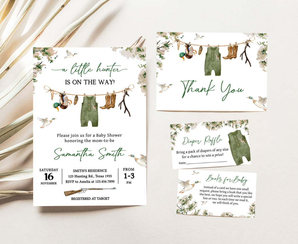 Little hunter baby shower invitation set for boys with camo, ducks, and boots – perfect fall rustic shower design