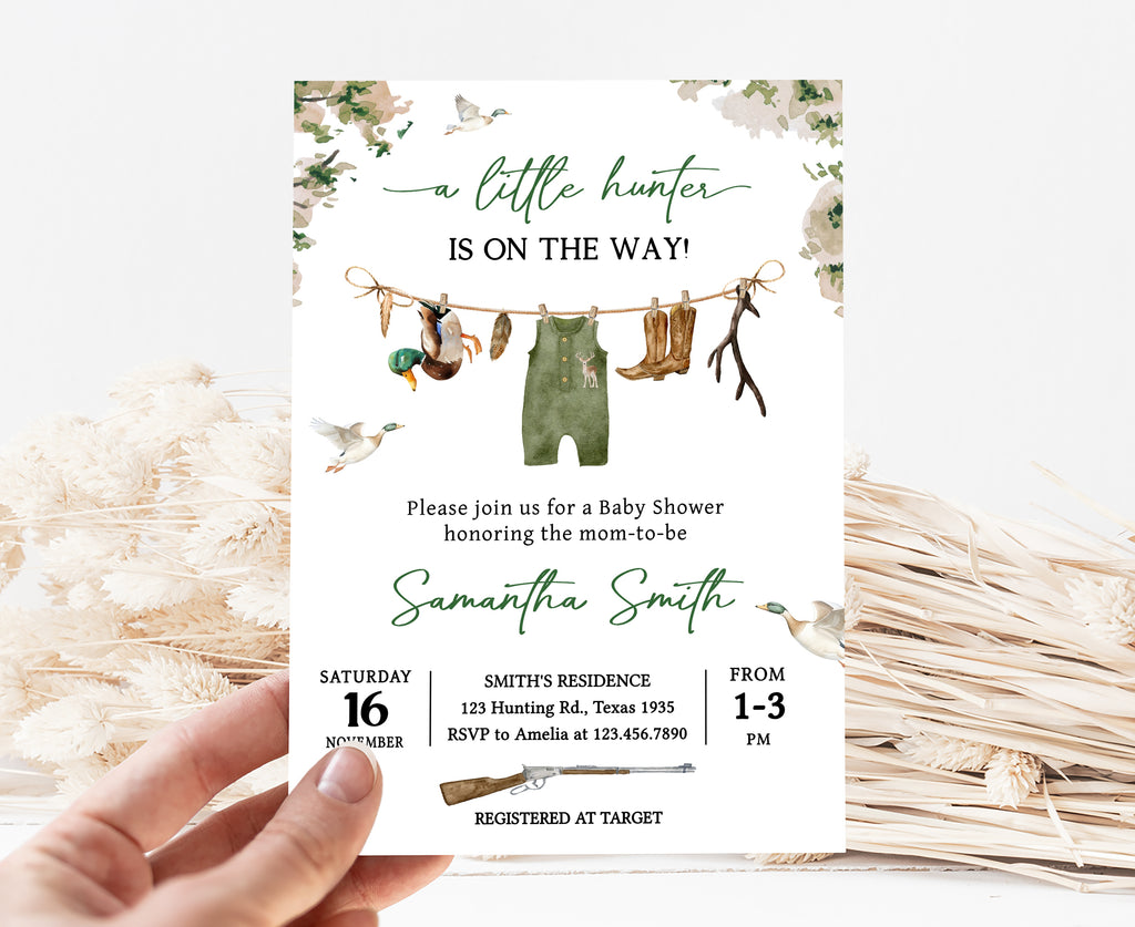 Clothesline baby shower invitation with hunting boots and ducks