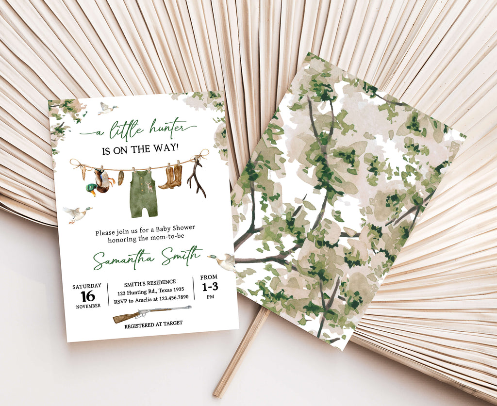 Green camo hunting baby shower invite for boys