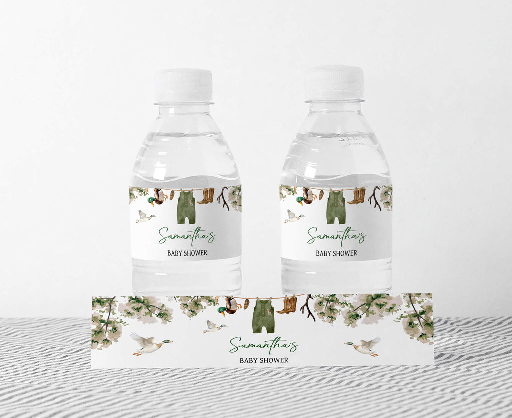 Fall hunting baby shower bottle labels for boy – rustic green camo design with ducks and outdoor theme elements