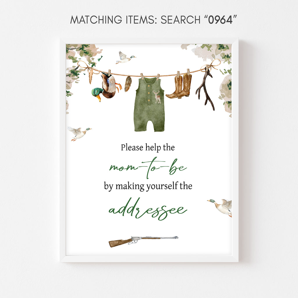 Envelope station sign for hunting baby shower – woodland themed printable with ducks and rustic outdoor style