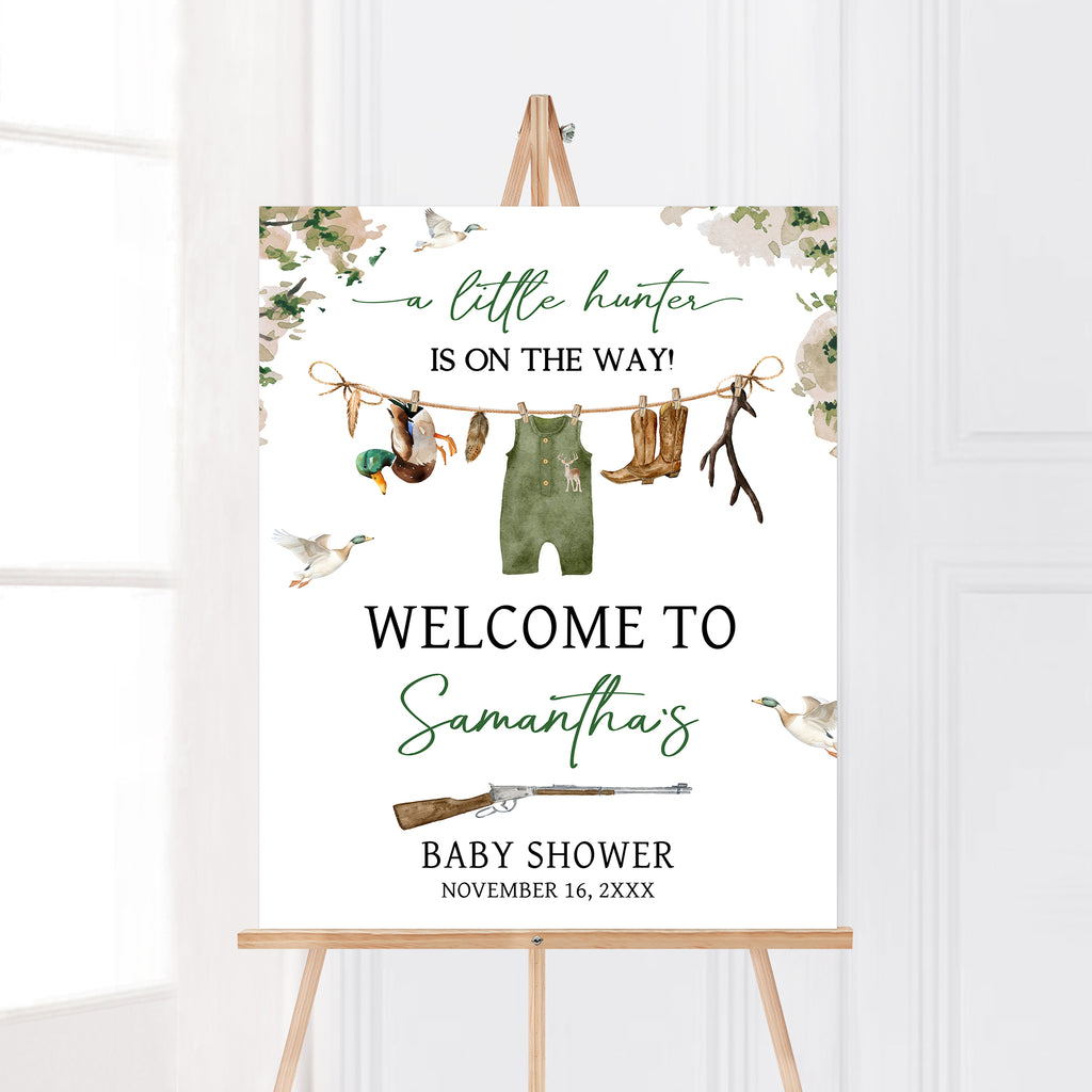 Rustic little hunter baby shower welcome sign – woodland and duck design for fall showers for baby boys