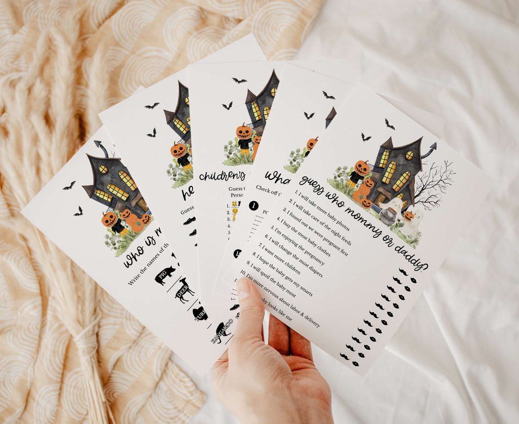 Halloween baby shower games bundle with pumpkins, ghosts, haunted house, printable little boo party set