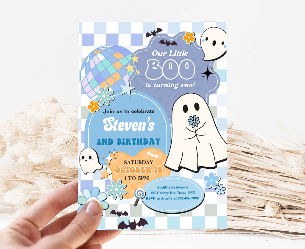 Pastel blue Halloween 2nd birthday invitation for boys