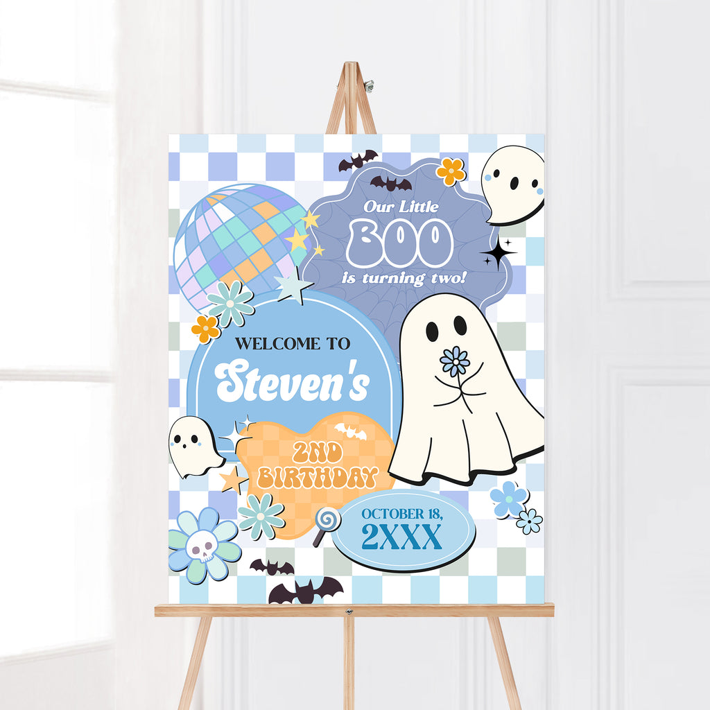 Blue spooky birthday welcome sign for boy's second birthday