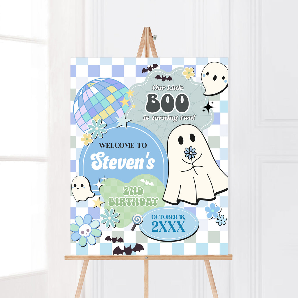 Checkered pastel ghost welcome sign for second birthday