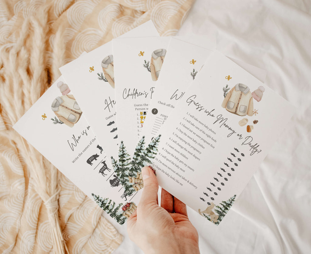 Gender neutral winter baby shower games bundle, printable woodland theme, baby shower games set, rustic cozy winter baby it’s cold outside design