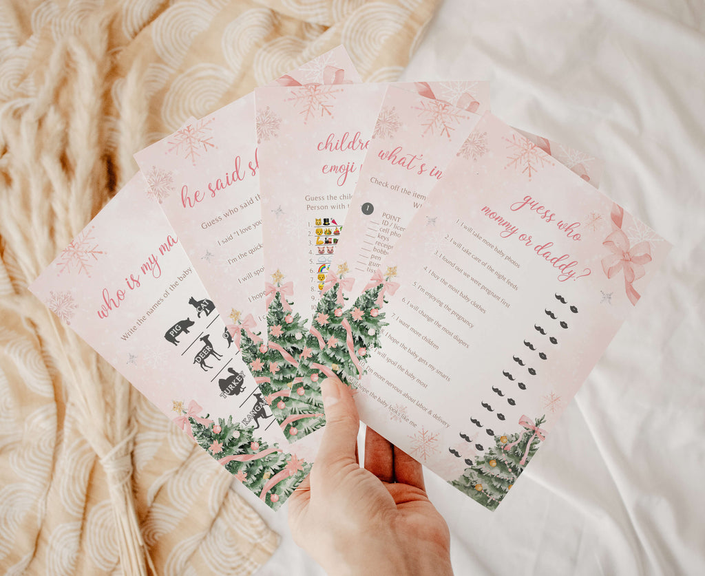 Printable pink winter baby shower games bundle, holiday snowflake party activities for girls