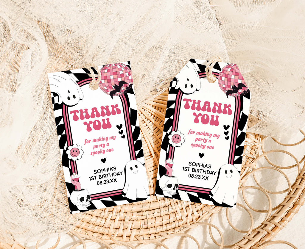 Retro spooky ghost and skull birthday party favor tag design
