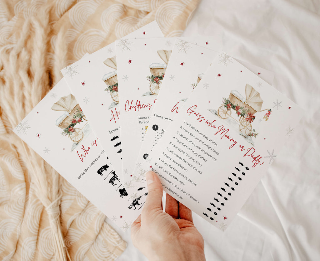 Printable Christmas baby shower games bundle, festive winter party gender neutral set