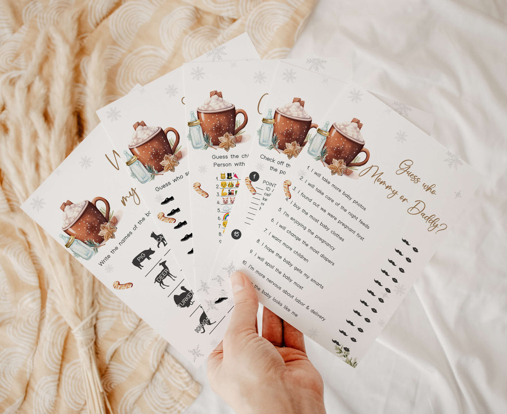 Winter baby shower games bundle, gender neutral snowflake and hot chocolate themed printable set