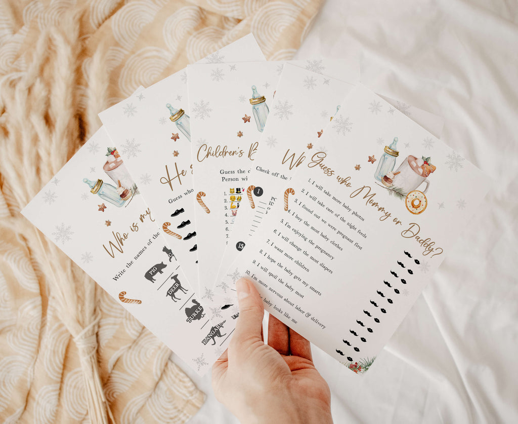 Winter baby shower games bundle, gender neutral snowflake hot cocoa party theme
