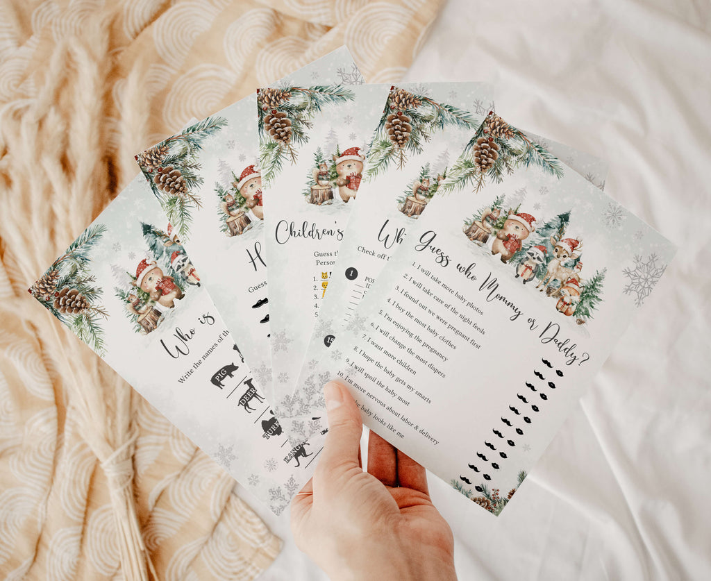 Christmas woodland baby shower games bundle, winter forest animals printable set, Holiday baby shower activity bundle with rustic woodland animals and snowflakes