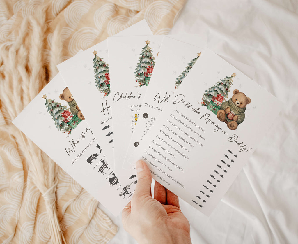 Christmas teddy bear baby shower games bundle, festive printable activities for guests