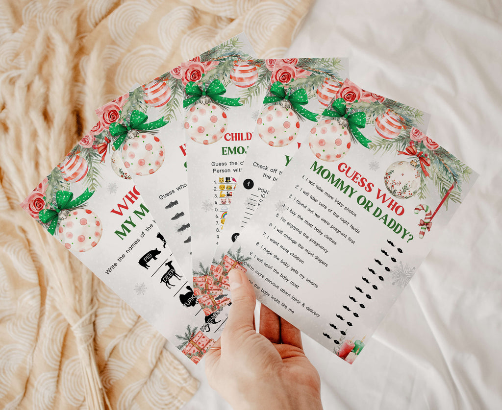 Printable Christmas baby shower games bundle with holiday theme, fun gender neutral activities