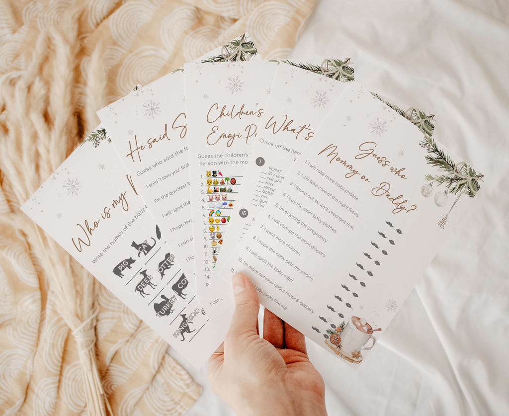 Christmas baby shower games bundle printable set with festive holiday designs