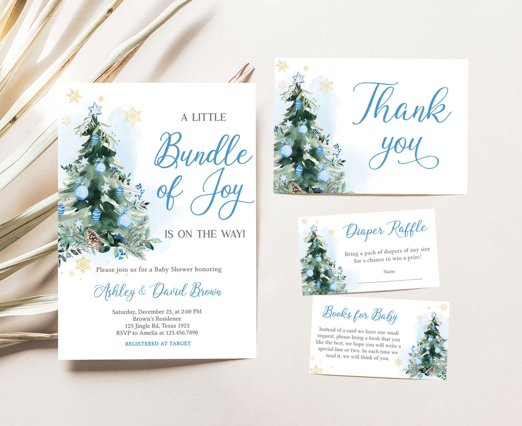 Blue A Little Bundle of Joy Christmas Baby Shower Invitation Set