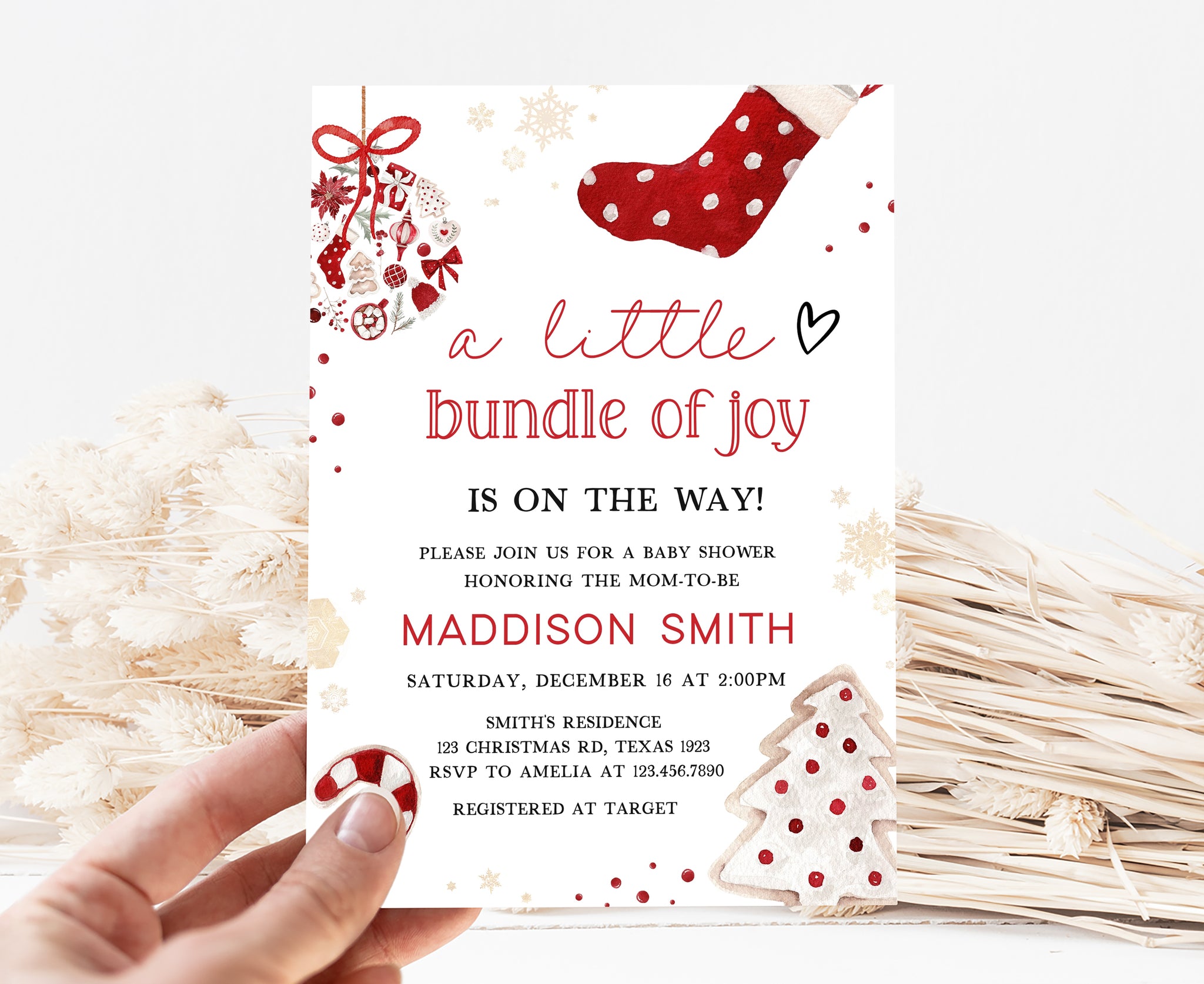 Editable A Little Bundle of Joy Christmas Baby Shower Invitation