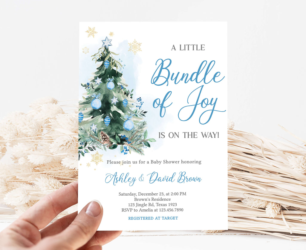 Blue A Little Bundle of Joy Christmas Baby Shower Invitation