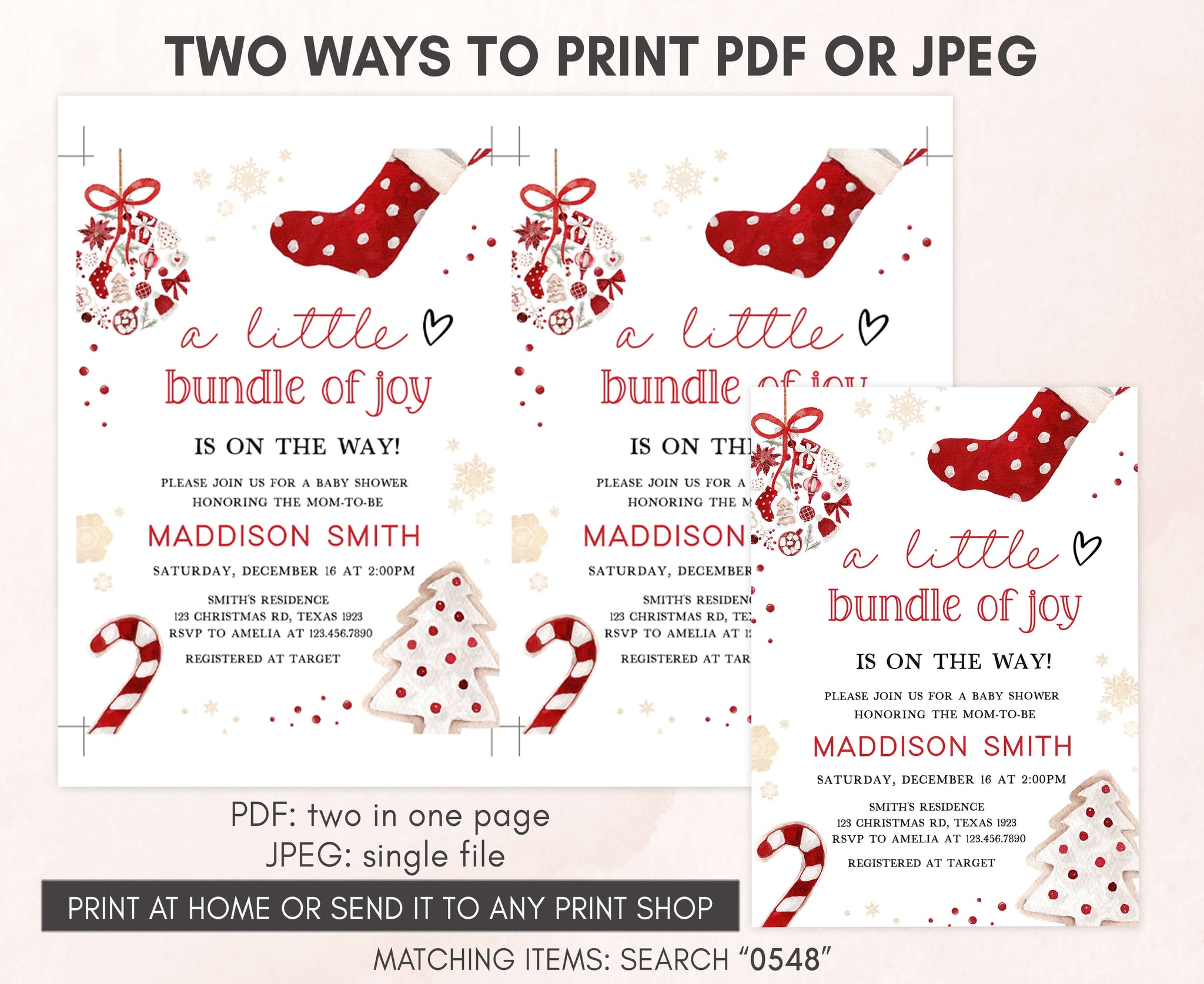 Editable A Little Bundle of Joy Christmas Baby Shower Invitation