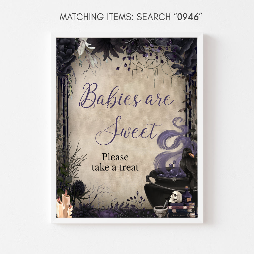 Halloween baby shower babies are sweet sign with purple gothic floral and cauldron art
