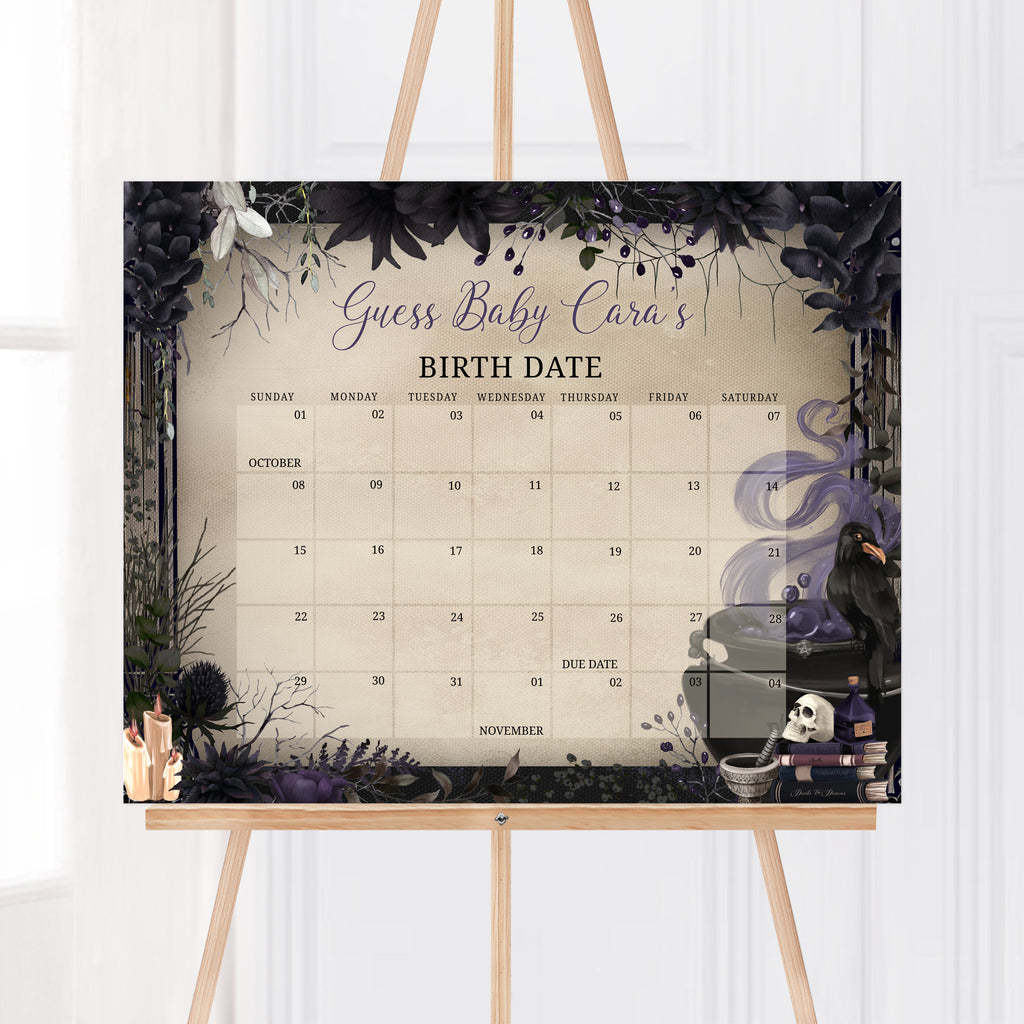 A baby is brewing Halloween due date calendar with gothic floral and cauldron art, editable witchy baby shower due date game with purple spooky floral design