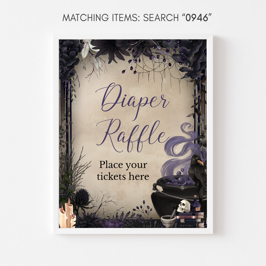 Halloween diaper raffle sign for baby shower with gothic purple floral and skull