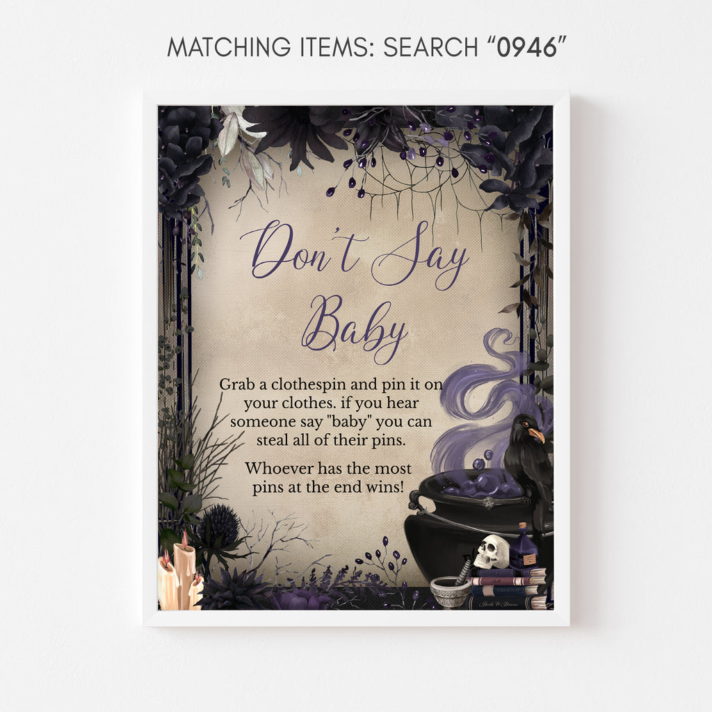 Spooky witchy don't say baby game sign with crow, cauldron, and purple floral art