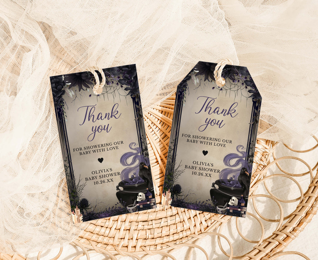 Halloween baby shower favor tags with cauldron, crow, and gothic purple florals, spooky witchy baby shower thank you tags for gender neutral celebration