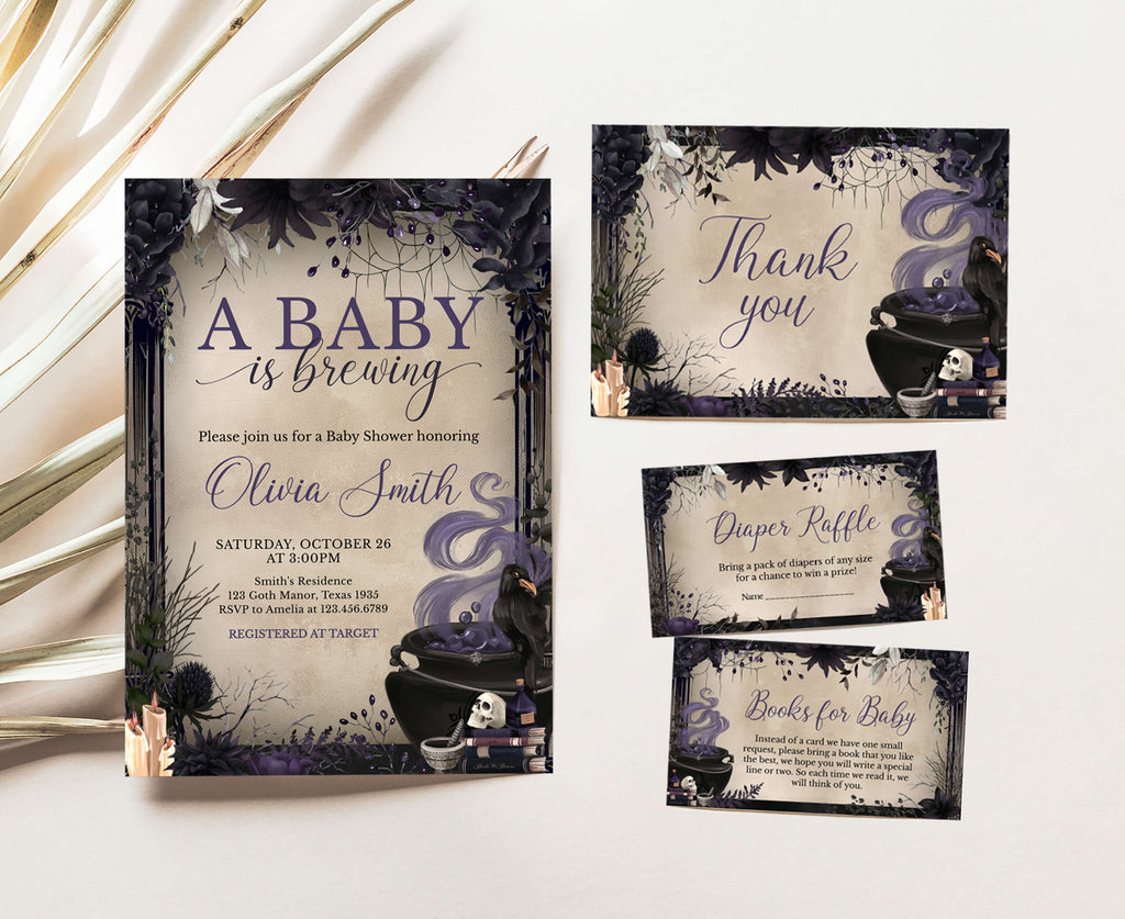 A baby is brewing Halloween invitation bundle with gothic purple floral artwork, witchy baby shower printable invitation set with crow, skull, and cauldron art