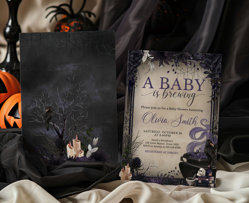 Custom witchy baby shower party invitation, Gender neutral Halloween baby celebration invite